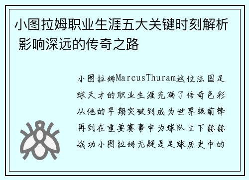 小图拉姆职业生涯五大关键时刻解析 影响深远的传奇之路